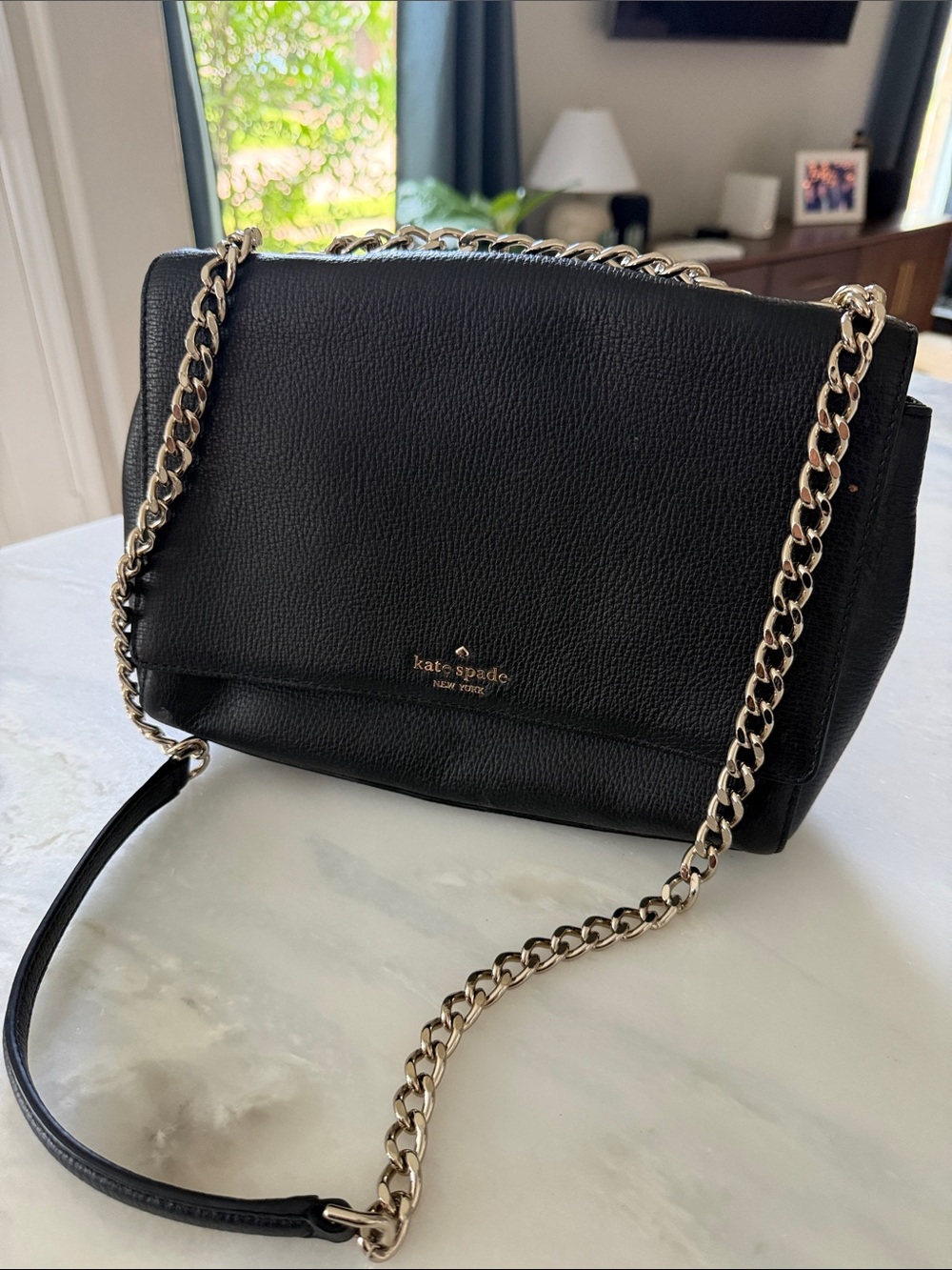 kate spade Black Pebbled Leather Shoulder Bag with Gold Chain Strap